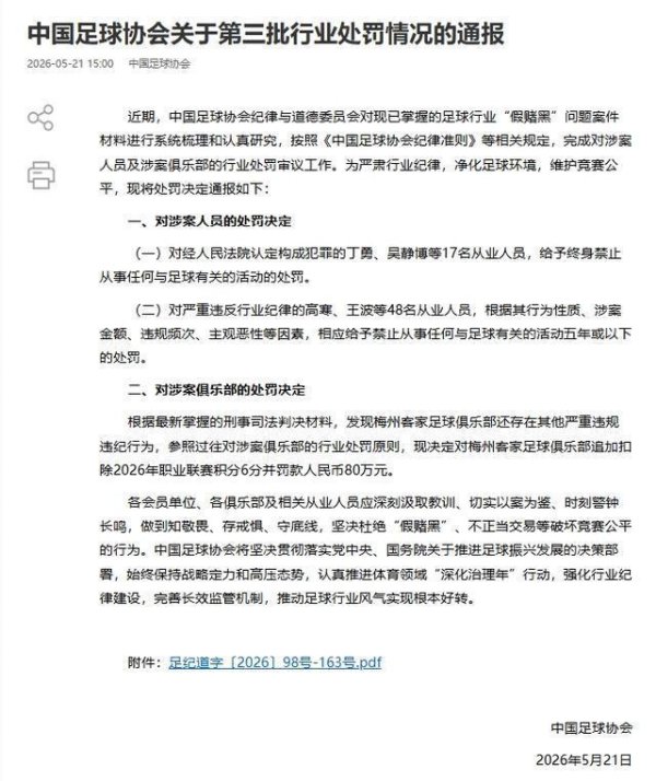 足协重拳出击！第三批假赌黑罚单落地！17人终身禁足，1队追扣6分