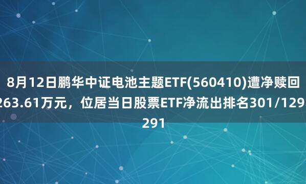 8月12日鹏华中证电池主题ETF(560410)遭净赎回263.61万元，位居当日股票ETF净流出排名301/1291